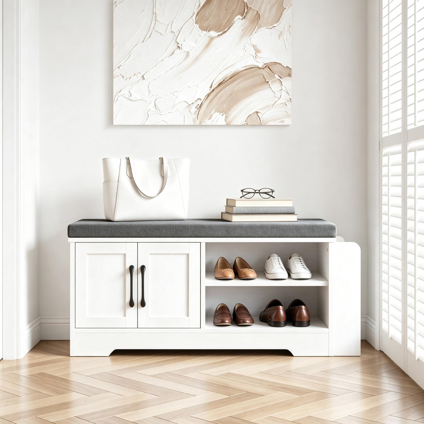 Farmhouse Shoe Storage Bench with 3-in-1 Entryway Storage & Padded Seat