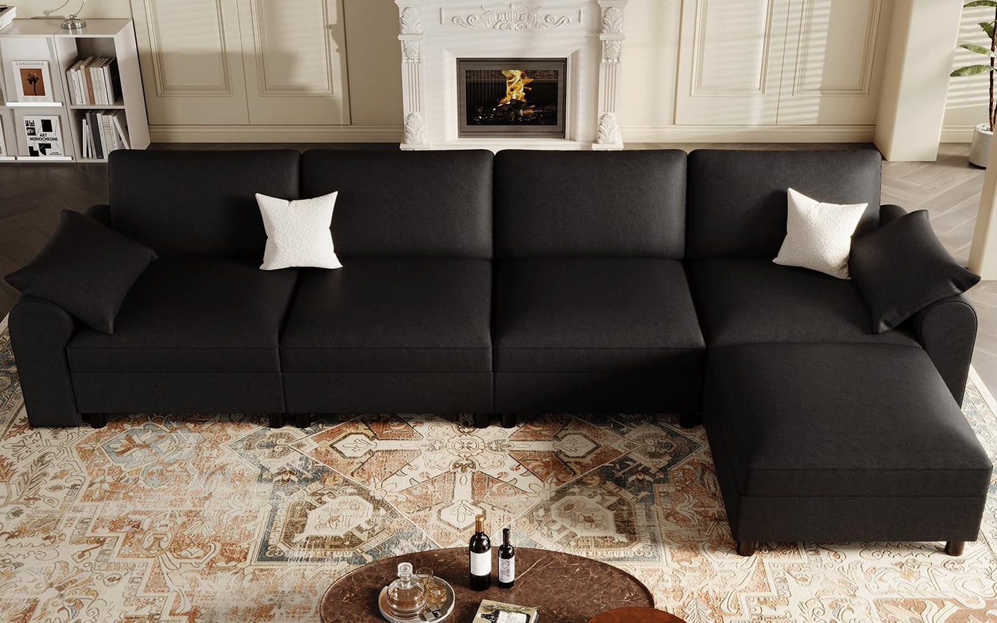EASE MOOSE Oversized Modular Sectional Sofa, Waterproof & Scratch-Resistant Faux Leather Sofa with Deep Seat, Comfy L-Shaped Sofa with Storage Ottoman, Sectional Couches for Living Room, Black