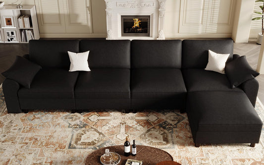 EASE MOOSE Oversized Modular Sectional Sofa, Waterproof & Scratch-Resistant Faux Leather Sofa with Deep Seat, Comfy L-Shaped Sofa with Storage Ottoman, Sectional Couches for Living Room, Black