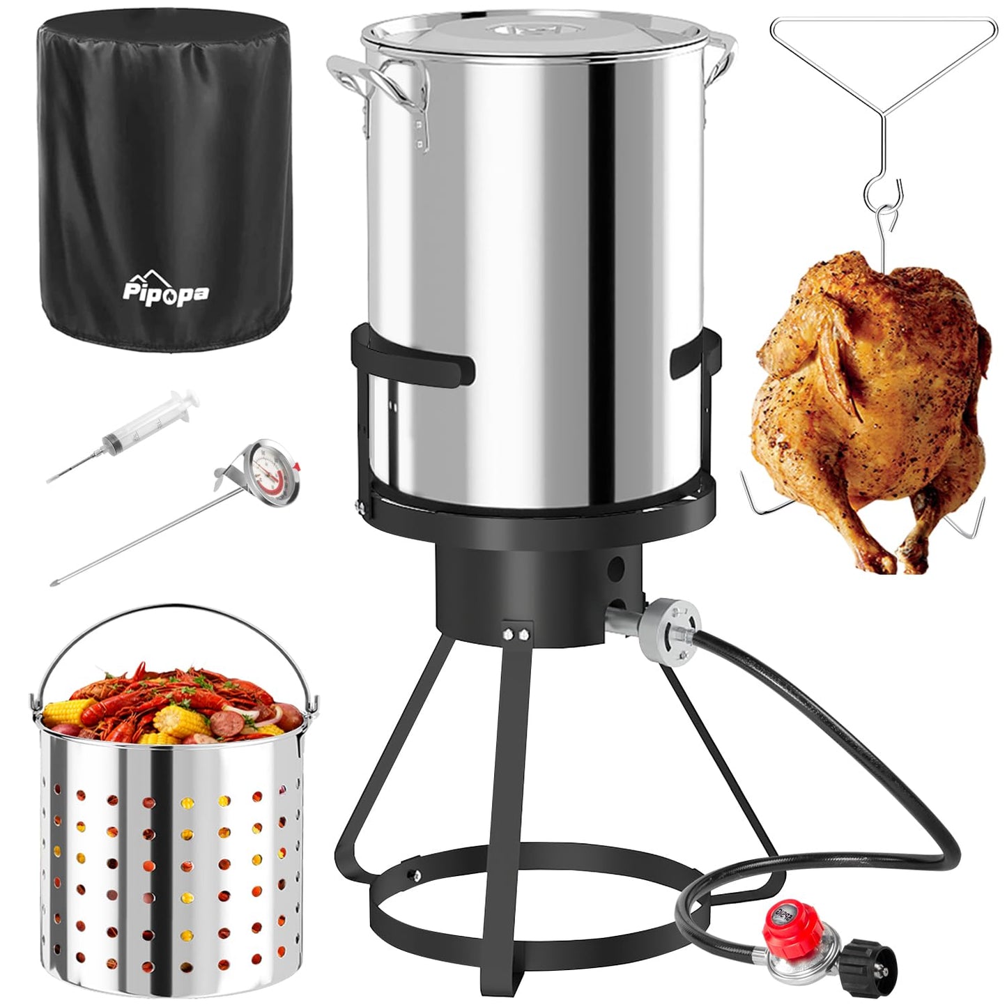 30QT Stainless Steel Turkey Fryer | Outdoor Fryers | Waterproof Cover & Basket Included | 50,000 BTU Propane Burner | Ideal for Turkey, Seafood Boil & Cajun Cooking