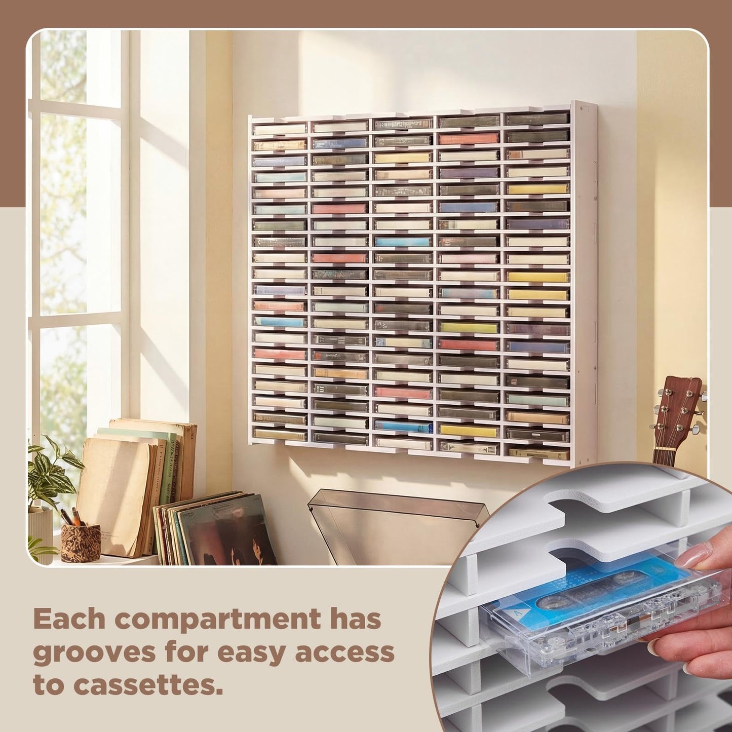 100 Slot Cassette Tape Storage Rack, Wall Mount or Freestanding Organizer