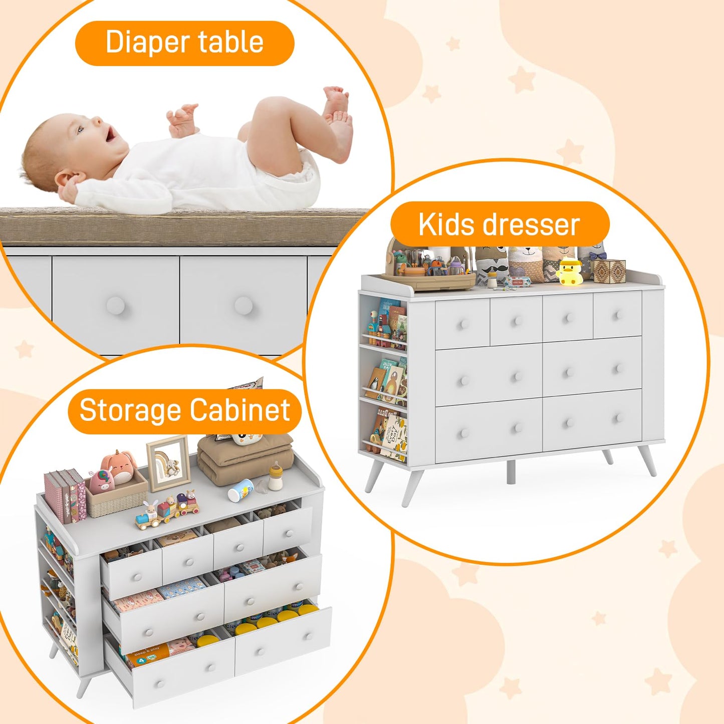 Halitaa Kids Dresser Cabinet with 8 Drawers, White Chest of Drawers with Open Shelving, Baby Dresser, Kids Bedroom Furniture, Nightstand for Child' s Room, White