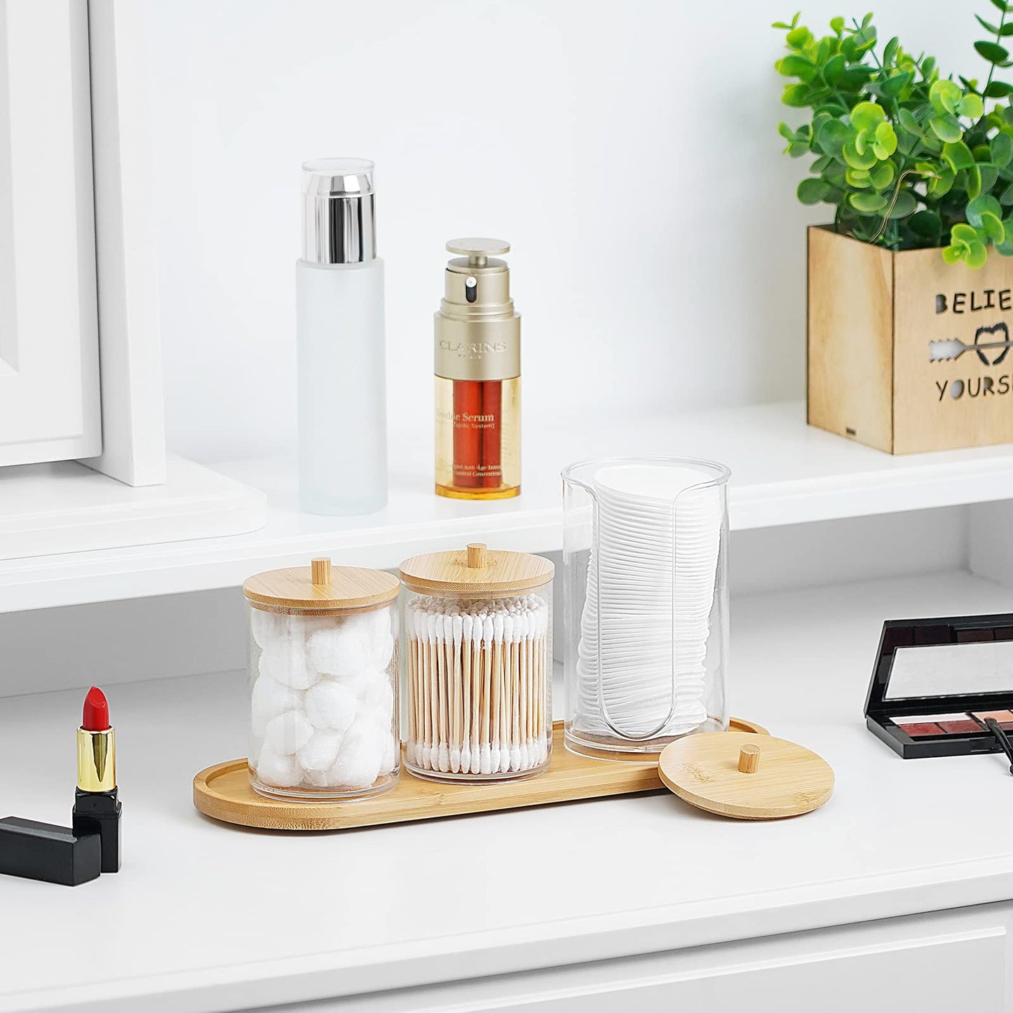 VITVITI Bamboo Bathroom Accessory Set, Soap/Mouthwash Dispenser, Clear