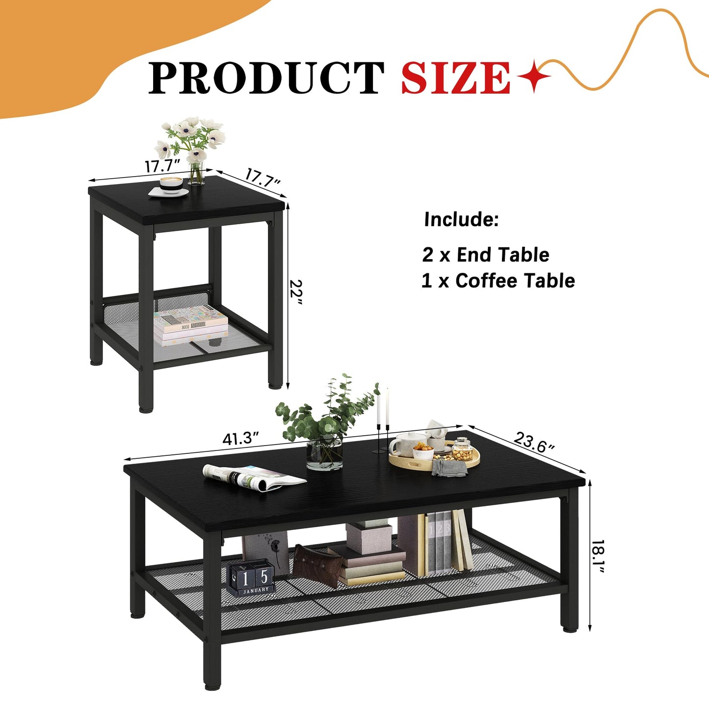 furlinkhm Coffee Table Set of 3, Industrial Coffee Table with 2 Square End Side Tables, Modern Living Room Table Set, with Metal Frame, for Apartment Home Office, Black