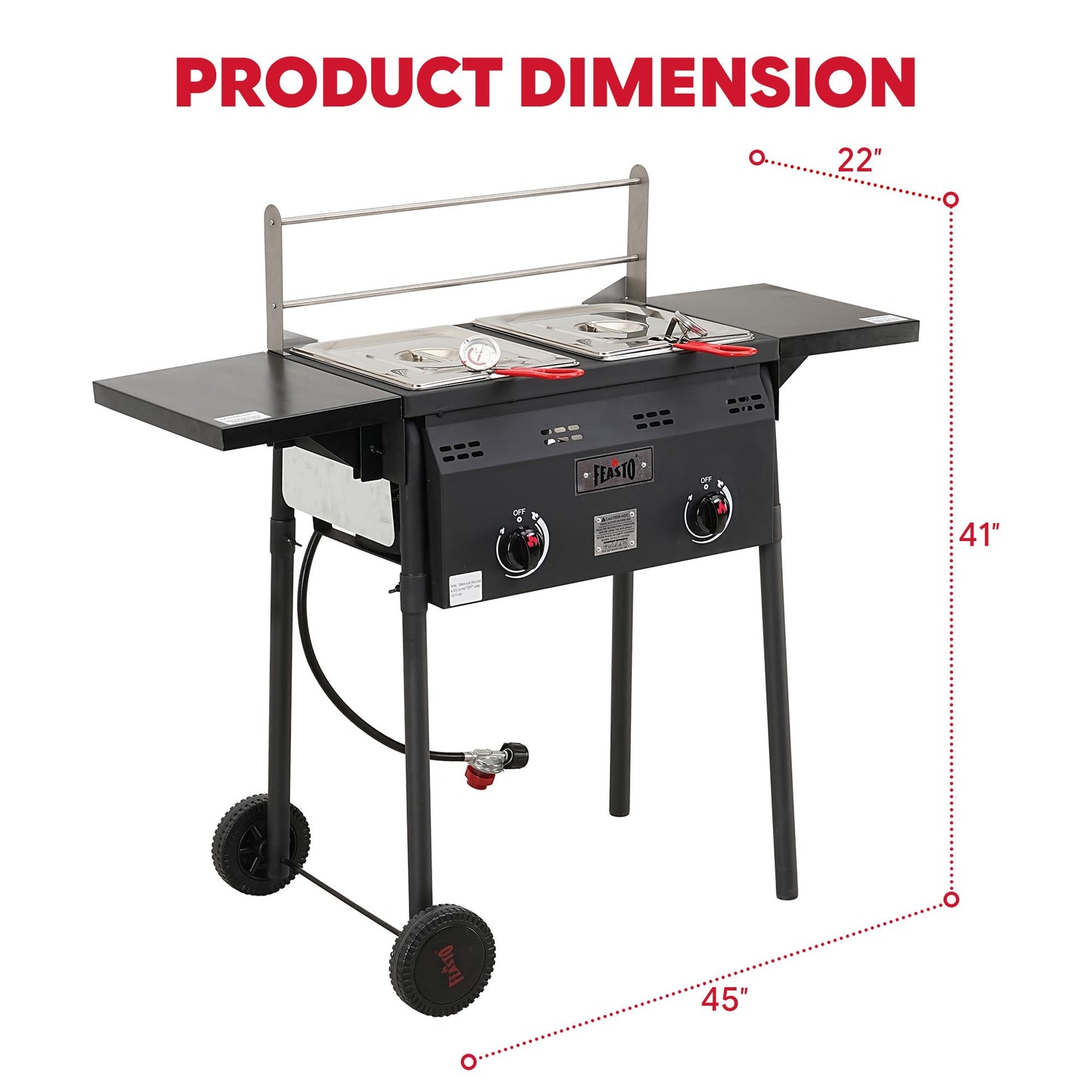 Feasto Outdoor Propane Deep Fryer, Dual Tank with Dual Independent Cast Iron Burners and Thermometers, Removable Fryer Pot, Baskets & Lids, Movable Propane Fryer Cart with Regulathor, 50000 BTU