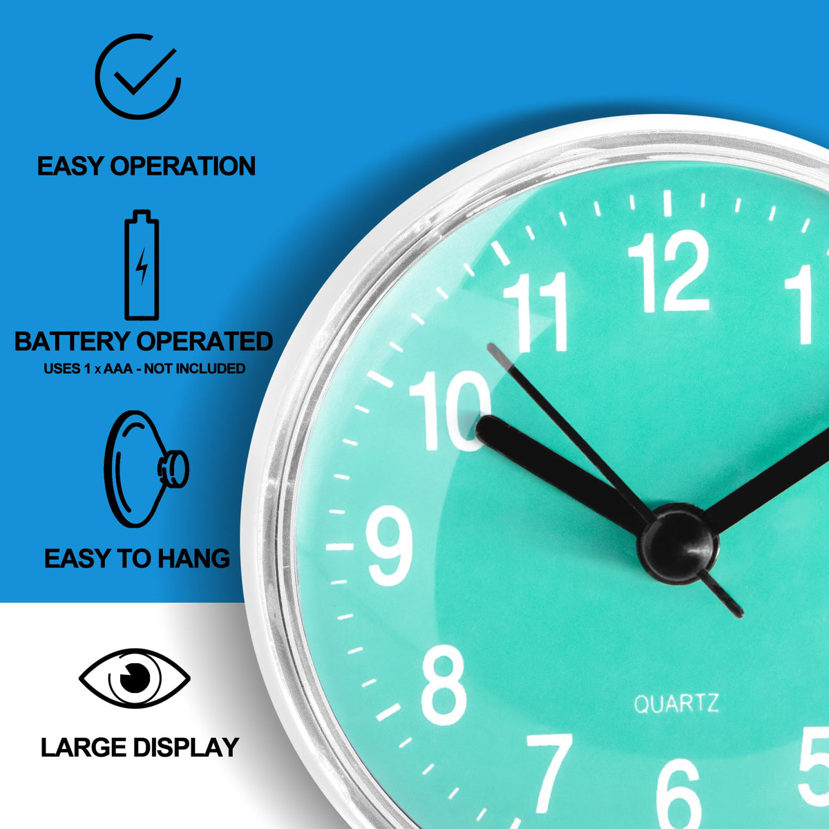 Betus Waterproof Bathroom Shower Clock with Large Suction Cup - Silent, Water Proof, Battery Operated Wall Clock for Toilet, Kitchen, Bedroom (Blue)