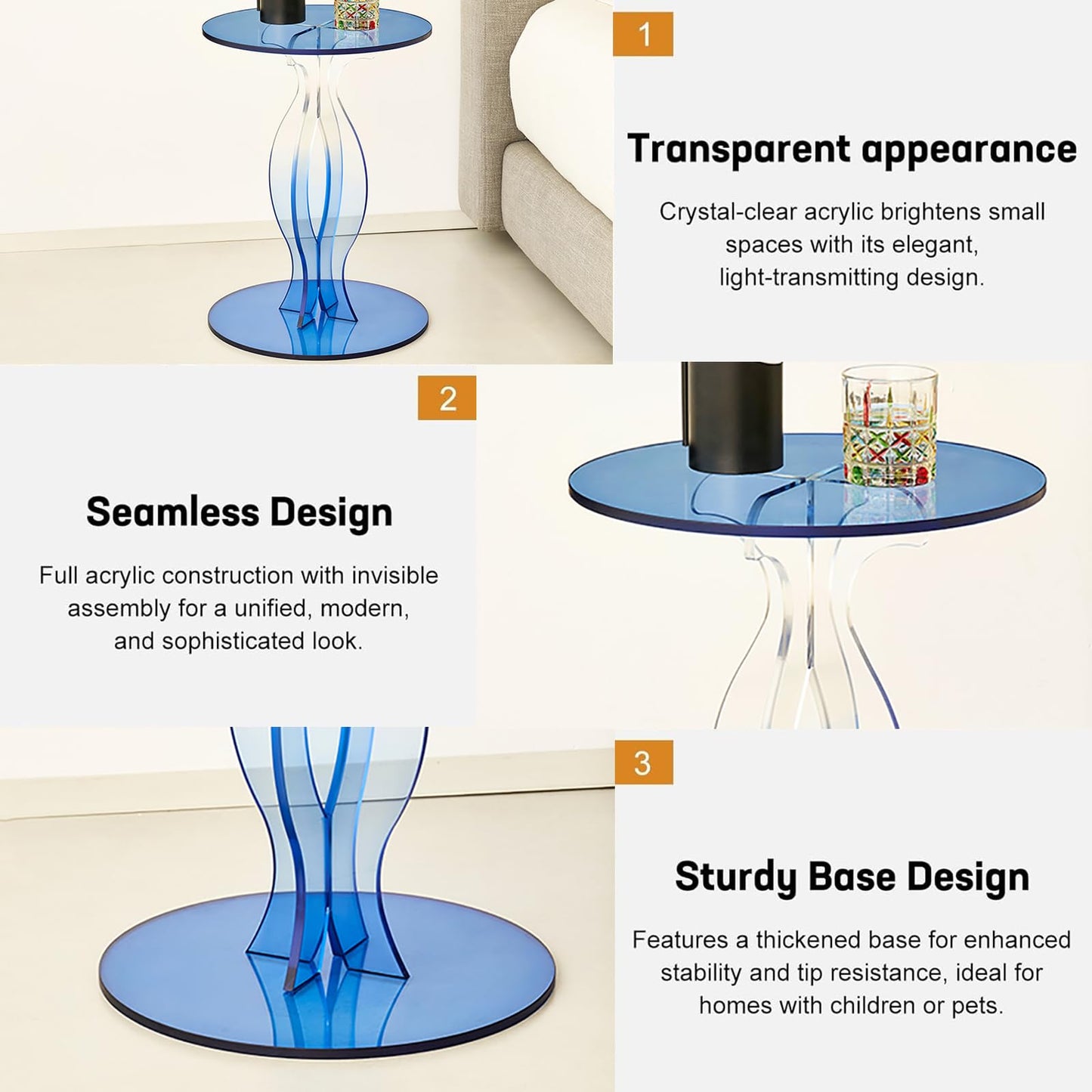 Zvaxioyv Acrylic Side Table, Clear End Table, Round Drink Table, Modern Nightstand for Living Room, Coffee Tables for Bedroom, Blue