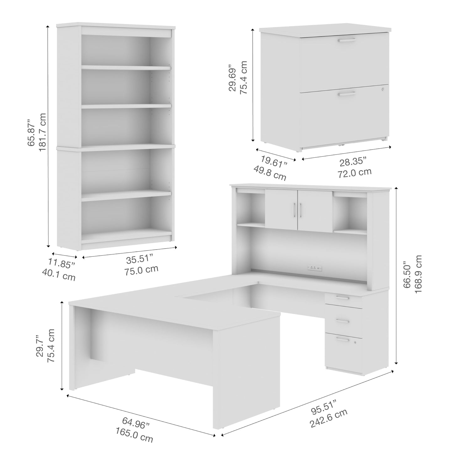 Bestar U or L Shaped with Hutch and File Cabinet, Bark Grey, Logan, 66W