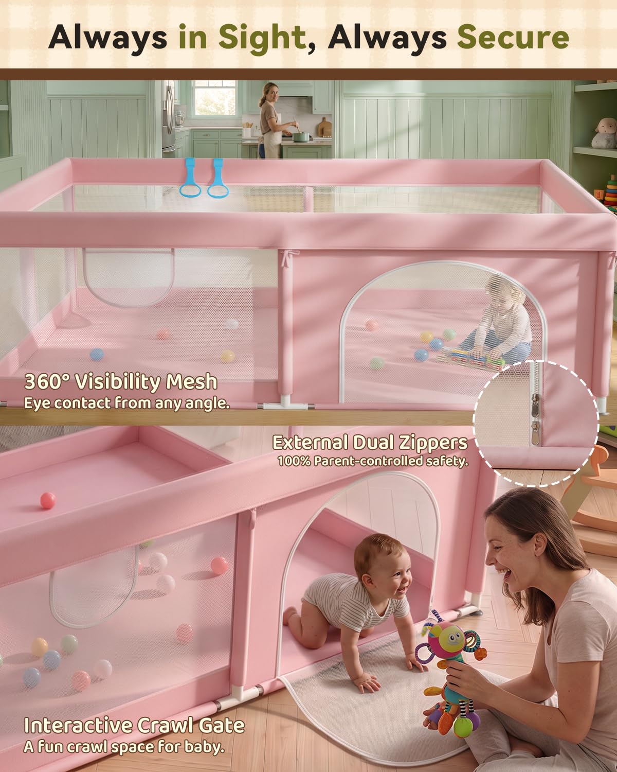 JUNLLY Pink Baby Playpen 71"x59" - Extra Large Play Pen for Babies Toddlers