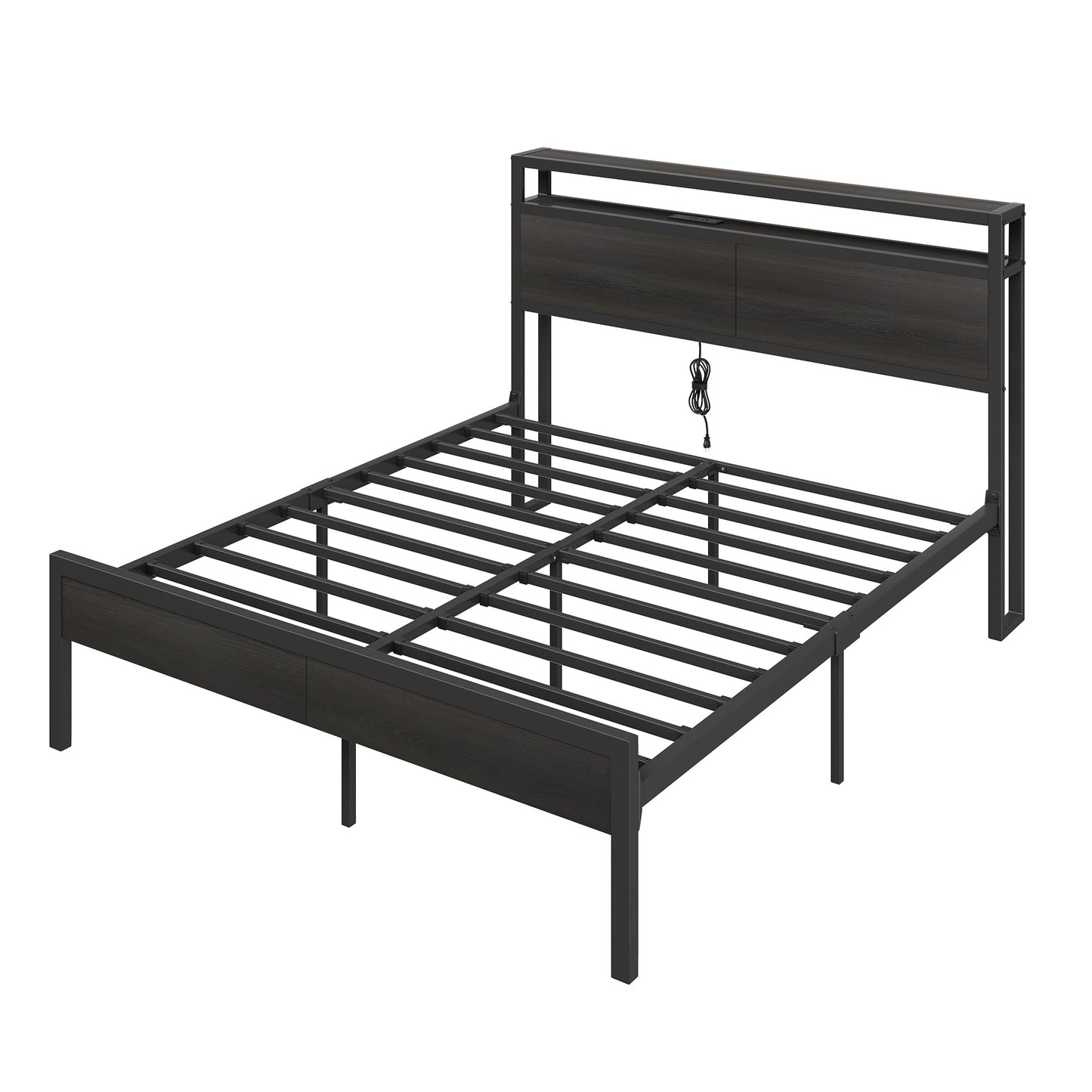 AMERLIFE Queen Size Bed Frame with Storage Headboard & Charging Station, Industrial Metal Platform Bed with Large Under-Bed Storage, Heavy Duty Slats, No Box Spring Needed, Black