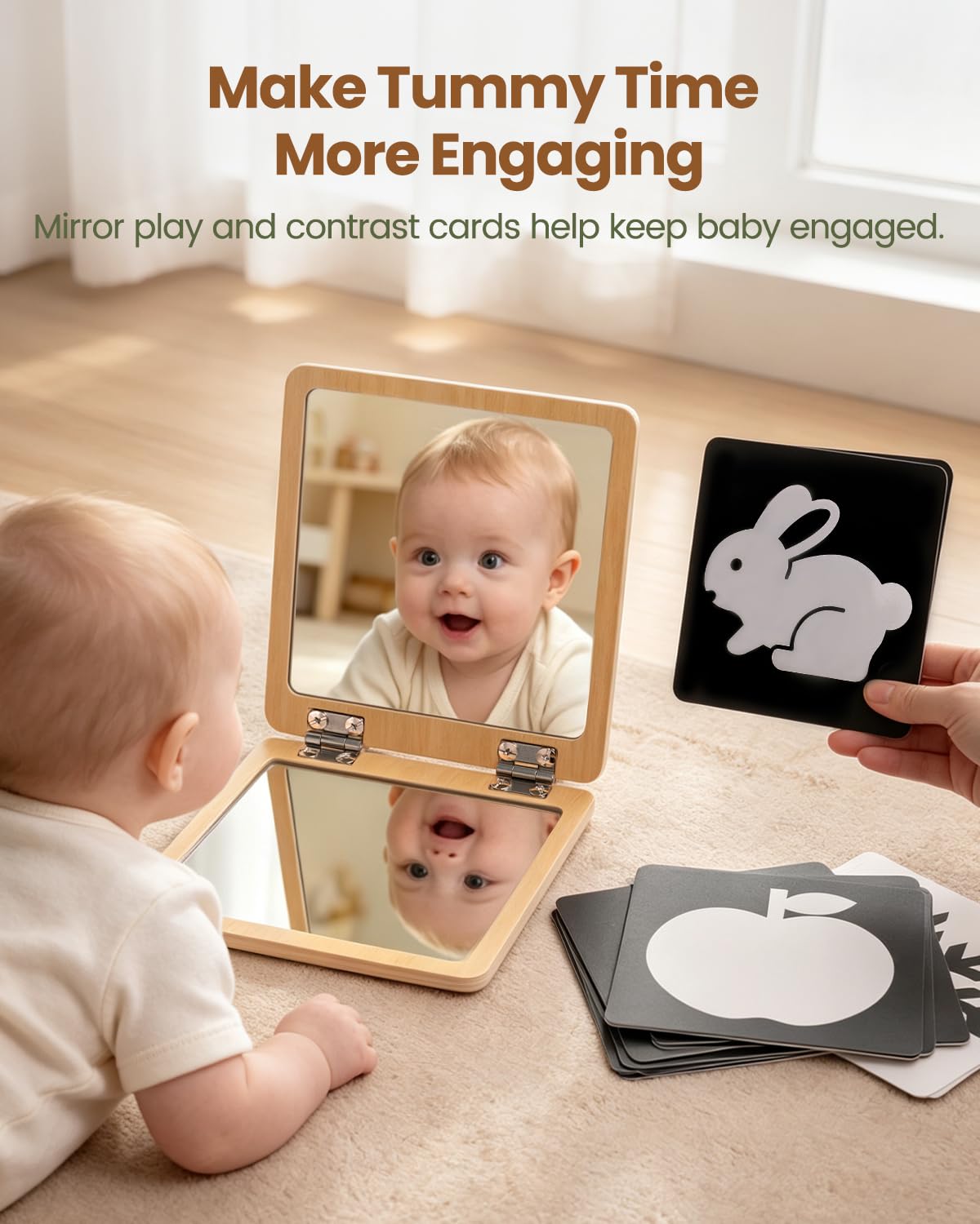 Brezlio Tummy Time Mirror for Baby 0-6 Months, 2-Sided Adjustable Montessori Baby Mirror with 20 Double-Sided High Contrast Cards, Foldable Baby Floor Mirror