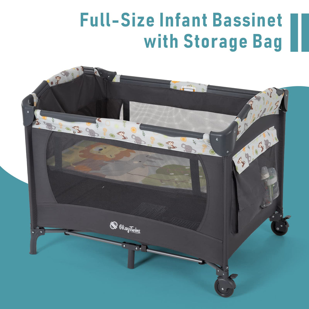 okaytwins Twin Bassinet & Full-Size Infant Bedside Bassinet & Playard for Baby, Includes 2 Removable Rock-A-Bye Portable Bassinets with Storage Bags, Gray
