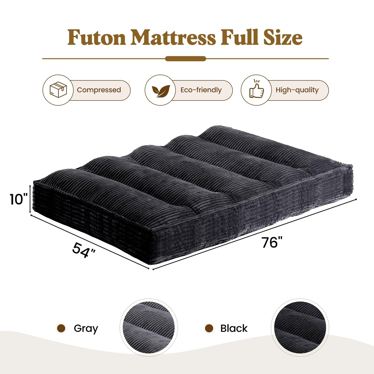 NLDD 10" Futon Mattress Full Size, Ultra Thick Futons Sofa Couch Bed Sleeper Sofa Bed, Versatile Floor Futons Japanese Floor Mattress for Adults, Black (Frame Not Included)
