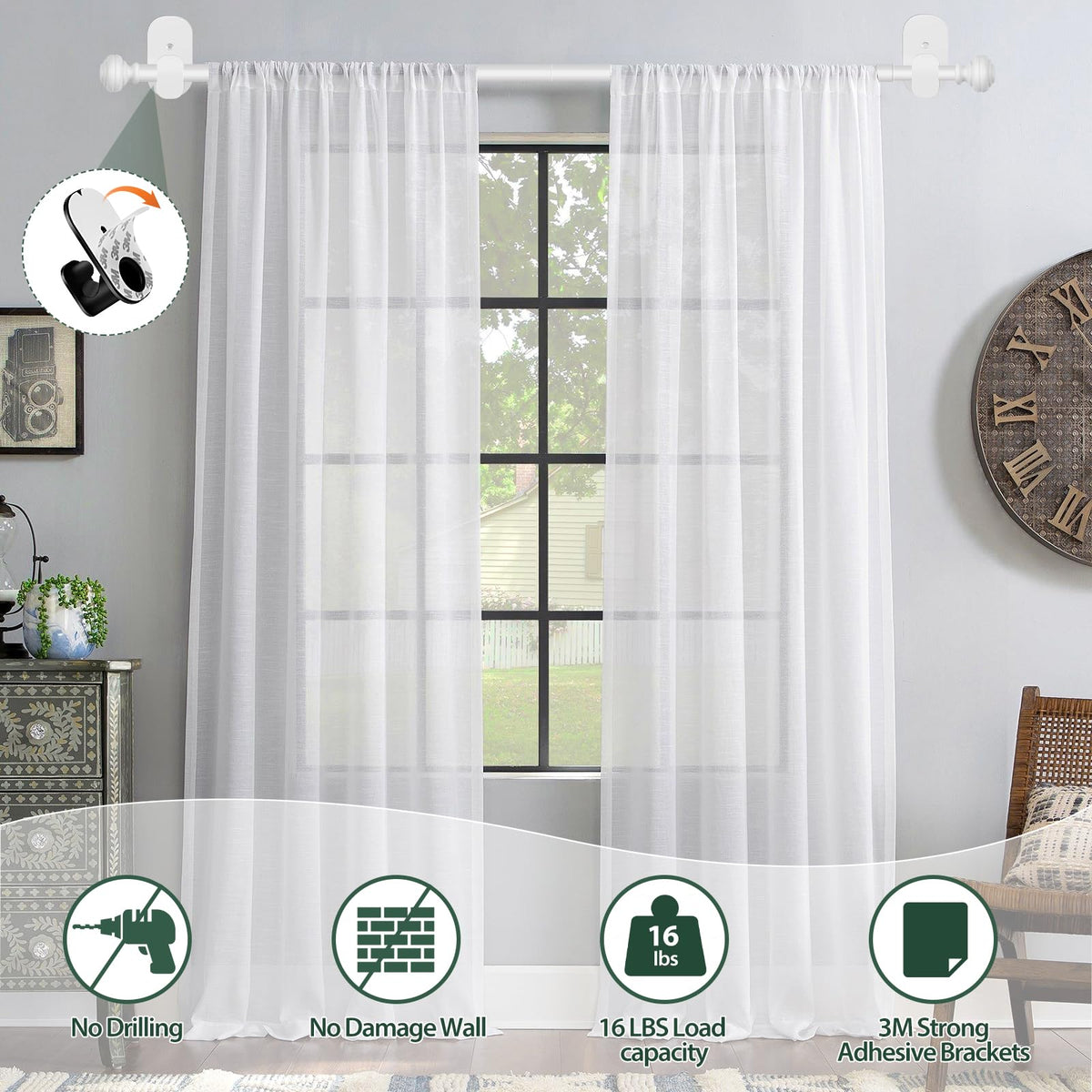 KAMANINA Curtain Rods No Drilling for Windows 32 to 86 Inches, White