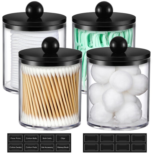 4 Pack Acrylic Qtip Holder Dispenser for Cotton Swabs, Balls, Pads, Floss - Plastic Canister Apothecary Jar Set, Bathroom Essentials Accessories Decor Vanity Makeup Storage Organizer - Clear & Black