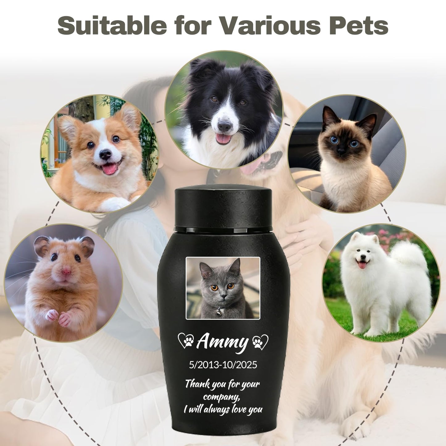 KDY Personalized Pet Urns for Ashes - Custom Pet Photo Name Date for Cremation, Customized Pet Memorial Urn for Dog Cat (Grey)