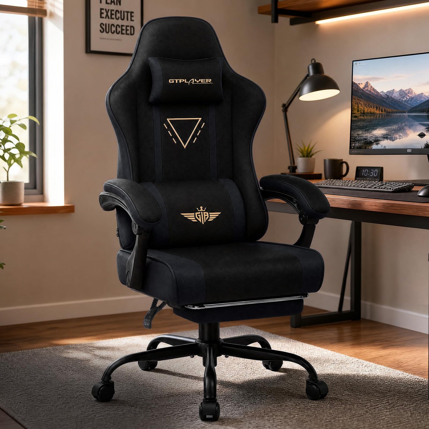 GTPLAYER Video Gaming Chair Fabric, Ergonomic Computer Chair with Footrest and Pocket Spring Cushion, Height Adjustable Video Gamer Chair with Lumbar Support for Adults, Black