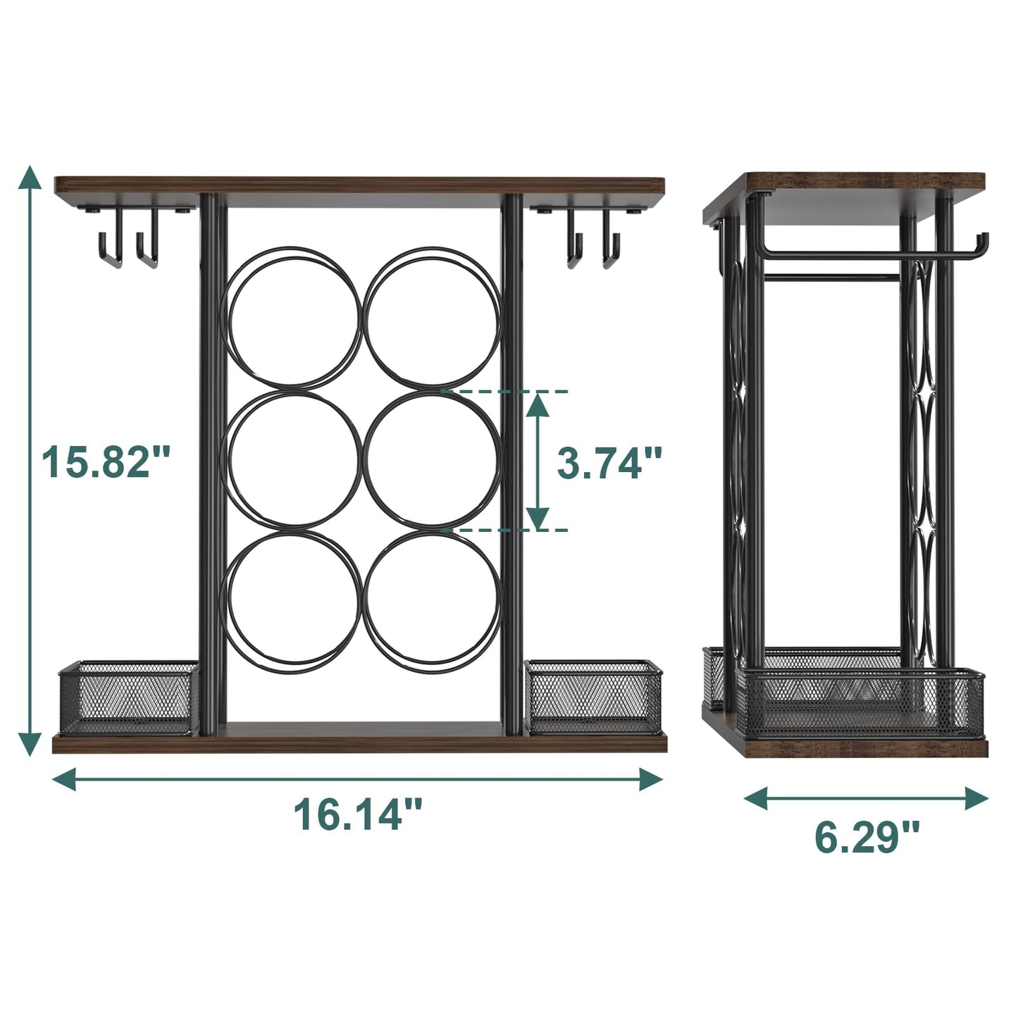 VyGrow Countertop Wine Rack, 3 Tier Wood & Metal Small Wine Rack Up to Hold 6 Bottles and 4 Glasses, Wine Bottle Holder for Home Bar Tabletop Kitchen Cabinet, 6.29" D x 16.14" W x 15.82" H