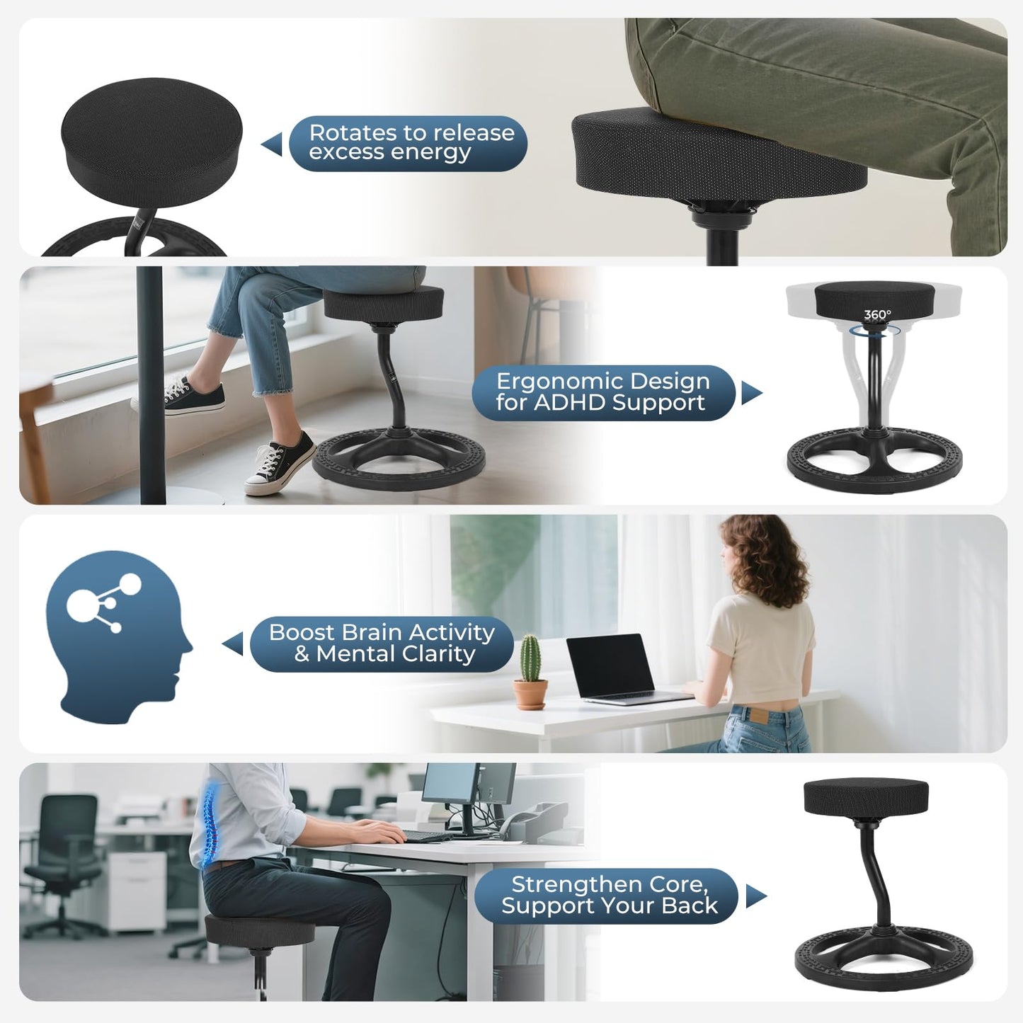 beyond SMART Fitness Seat, ADHD Chair Stool, Stability, Balance, Yoga, Ergonomic Health Stool with Non-Slip Base and Washable Seat Cover - Black (Black, 19″)