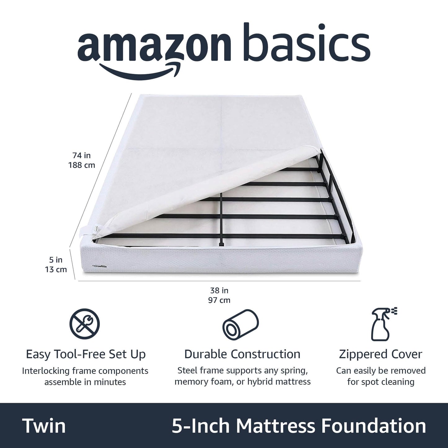 Amazon Basics Sturdy Smart Box Spring Bed Base, 5-Inch Height Mattress Foundation, Strong Support for All Mattress Types, Tool-Free Easy Assembly, Twin, 74" x 38" x 5", White