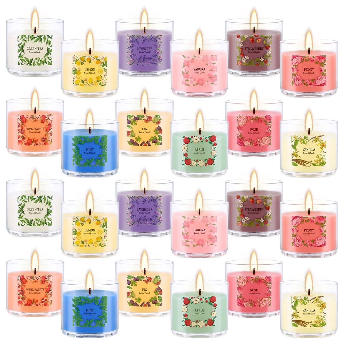 24 Pack Scented Candles Set, 2oz Soy Wax Acrylic Tea Lights with 12 Assorted Fragrances, Long Lasting Aromatherapy Candles for Home Decor, Gift Ready for Christmas Birthday Housewarming