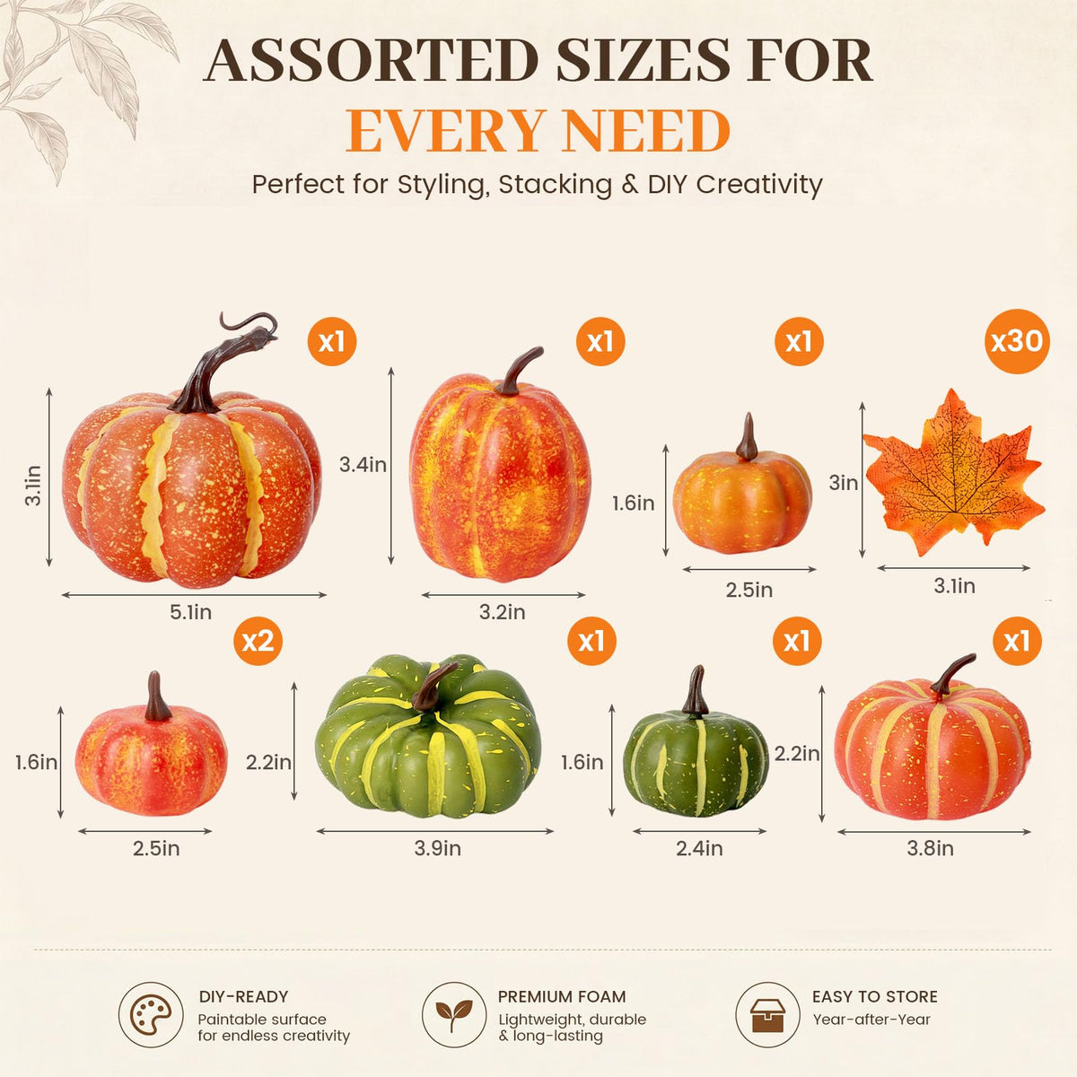 DomeStar 38 PCS Fake Pumpkin Set, 8 PCS Pumpkins for Decorating, Fall Table
