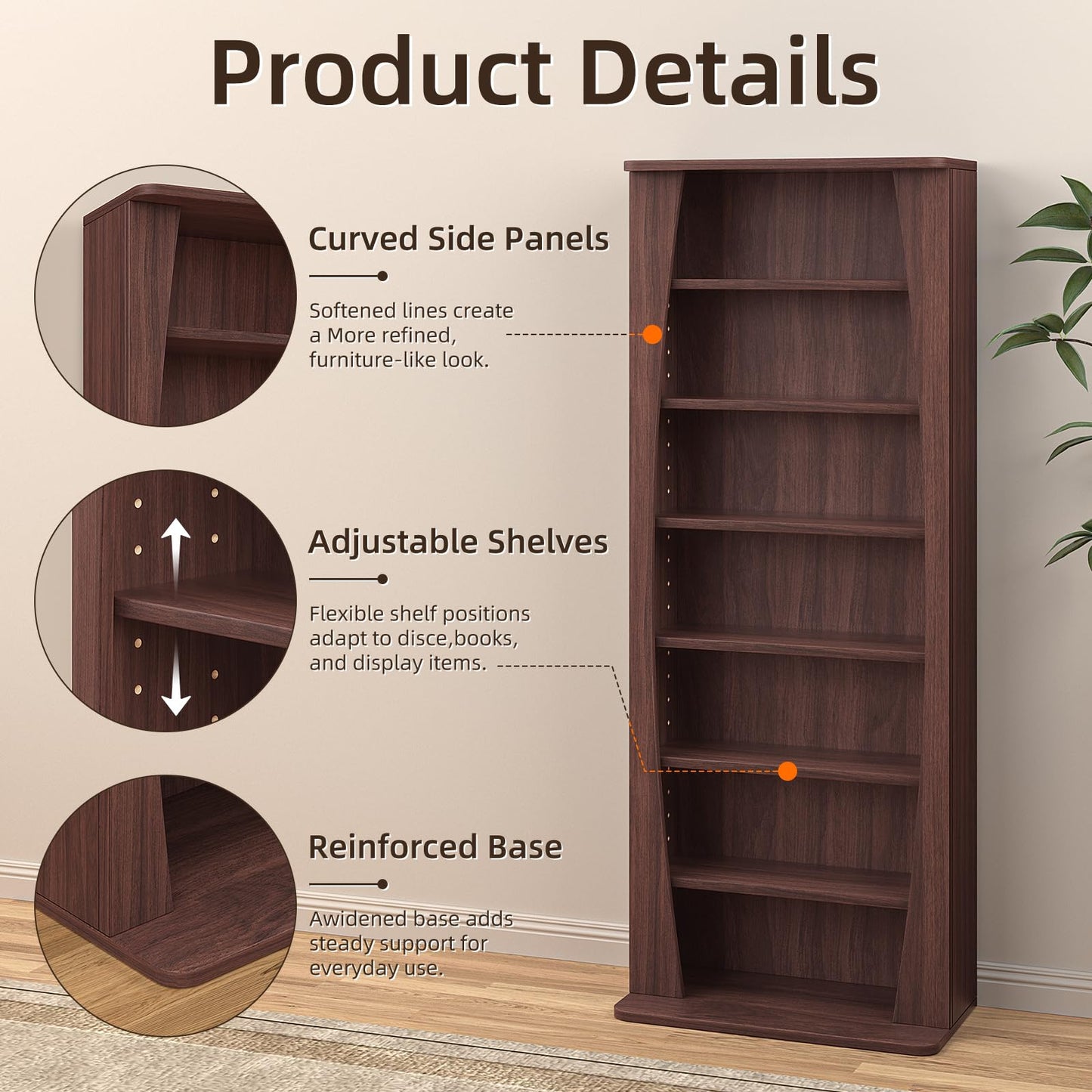 LELELINKY 7 Tier Arched DVD Shelf, DVD Rack with Adjustable Shelves, Walnut