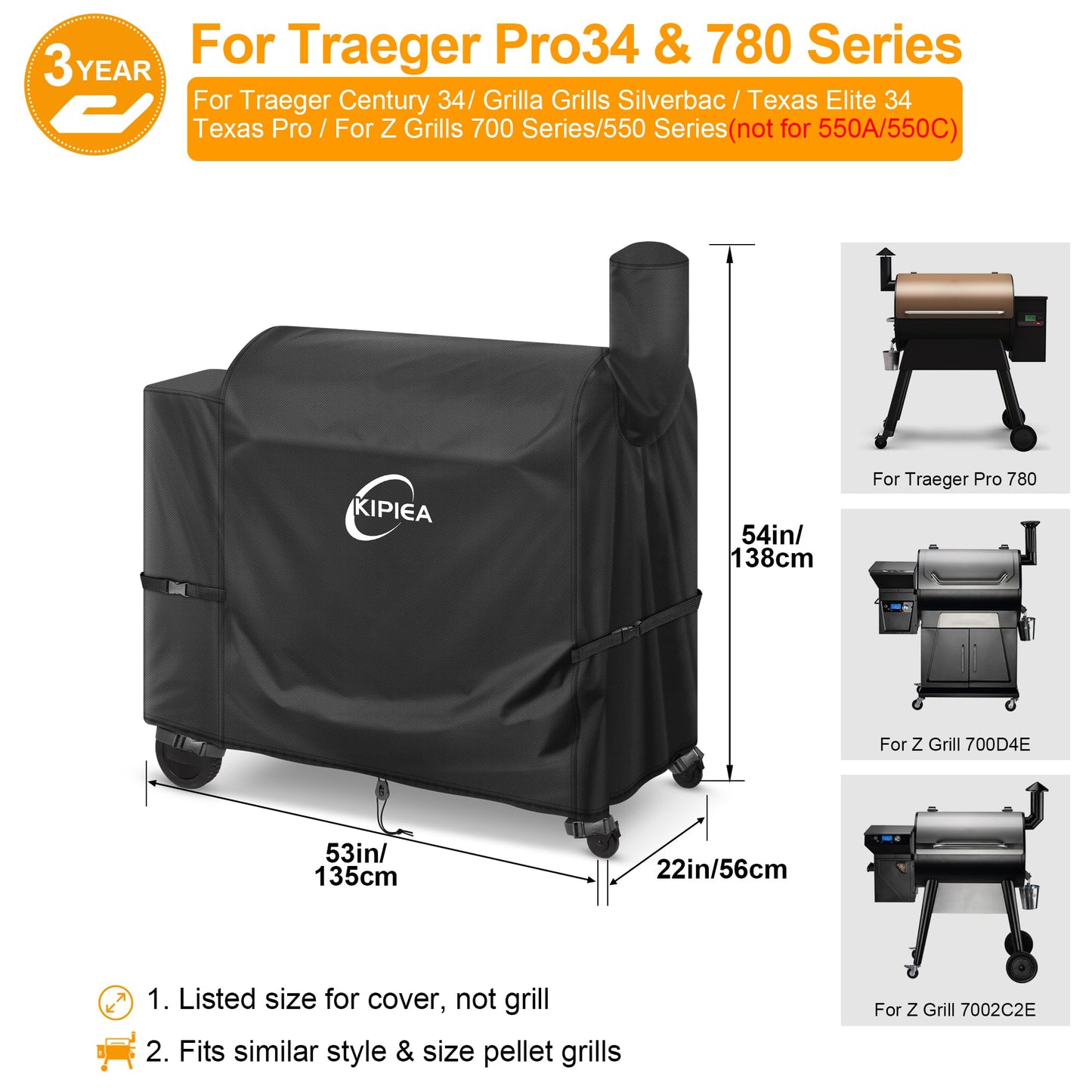 Kipiea 600D Heavy Duty Grill Cover for Traeger Pro 34 & 780 Series, Waterproof Wood Pellet Smoker Cover with Windproof Buckles, Pellet BBQ Grill Covers for Outside Anti-UV, No Tear, No Fading