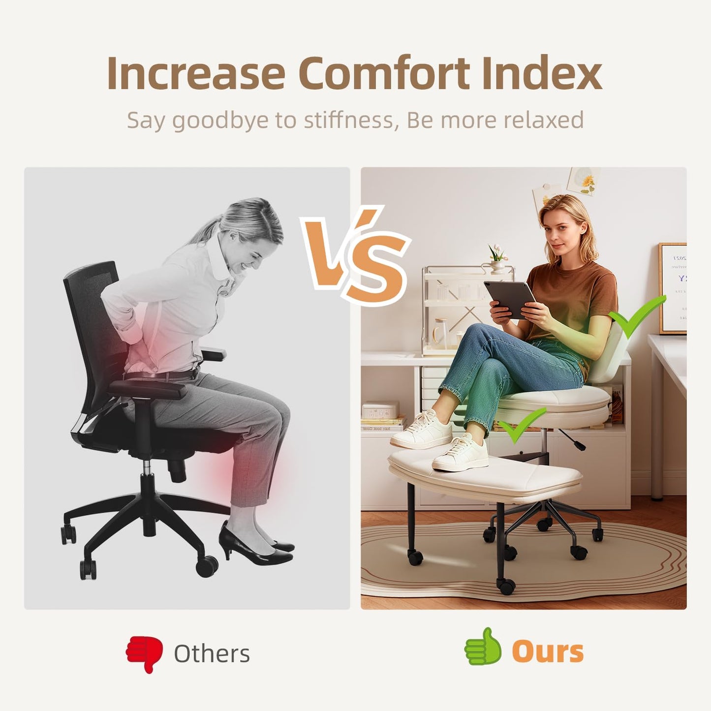 IdeaKey Ergonomic Cross Legged Chair, 360°Swivel Criss Cross Chair with Wheels, Double-Layer Upholstered Desk Chair, 31.3" Large Office Chair for Meditation and ADHD. White