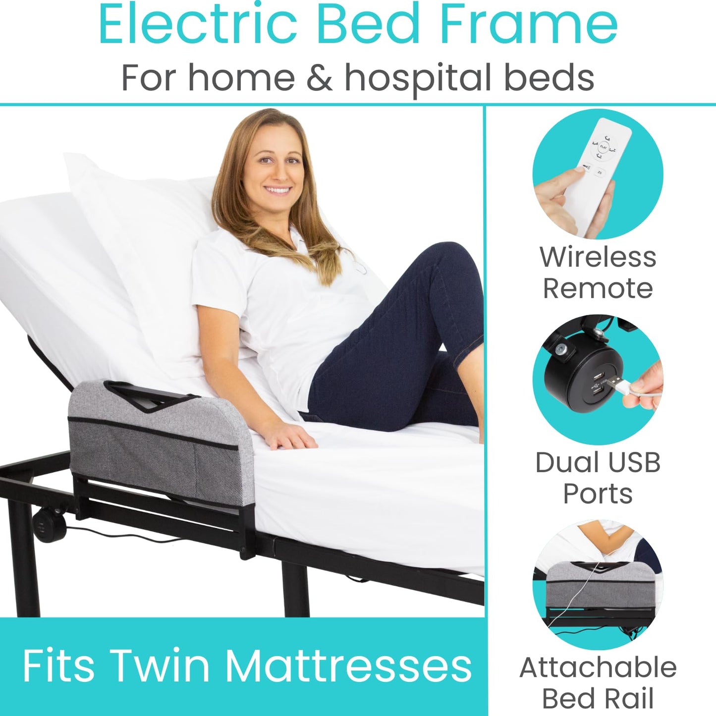 Vive Adjustable Bed Base Frame (Twin) - Electric Heavy Duty Metal Platform Bed Frame with Adjustable Base for Hospital Mattress - Remote for Head, Leg & Foot Incline - Dual USB Ports - Easy Assembly