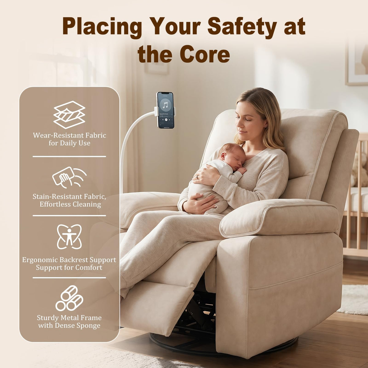 DEPSIS 360° Swivel Glider Rocking Chair Nursery， Oversized Recliner with Phone Holder，Nursing Chairs for Breastfeeding with Wide Foot Rest for Living Room and Baby Room,Beige