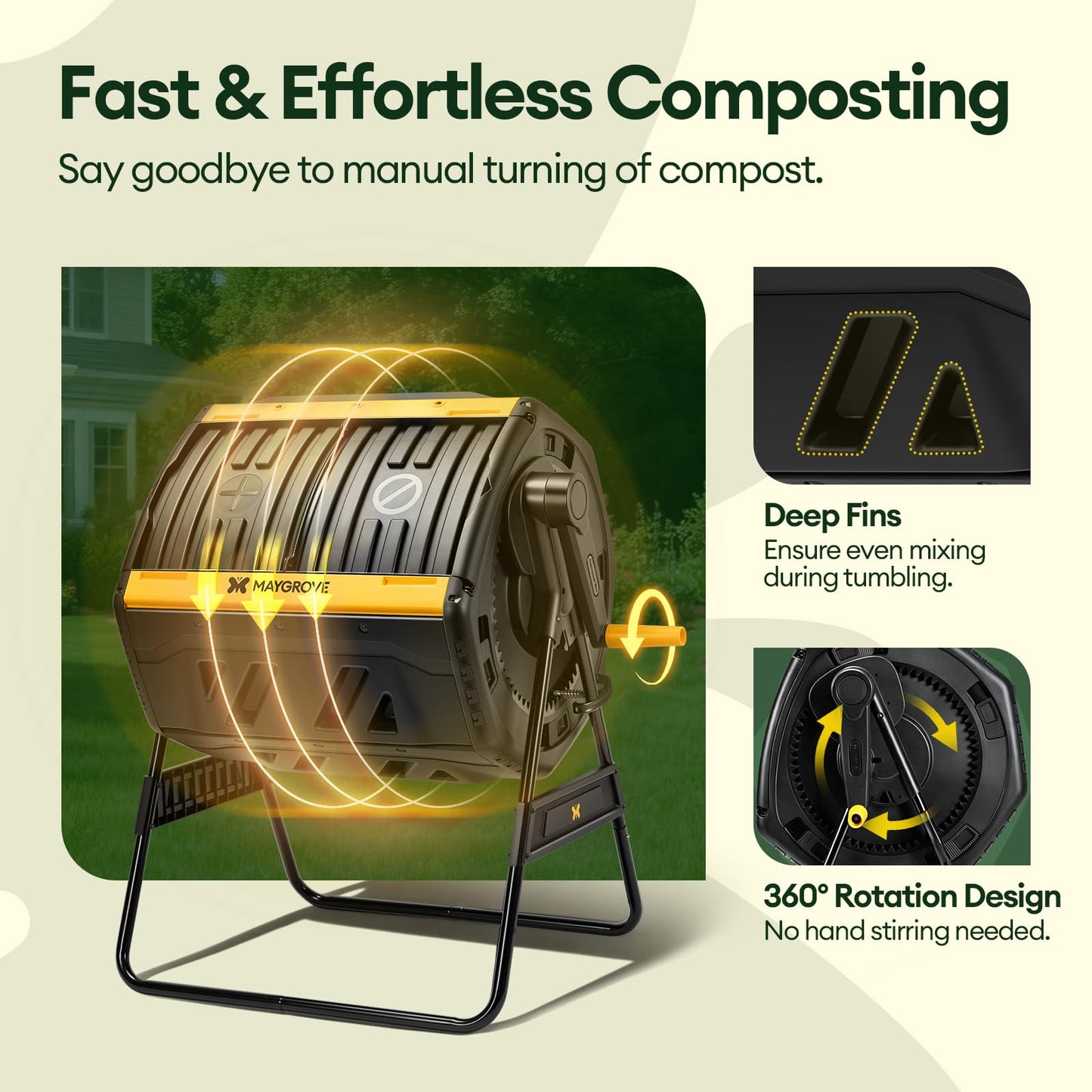 Maygrove Outdoor Compost Bin 53 Gallon, Dual Chamber Large Compost Tumbler for Garden Backyard, with 360° Rotating, Sliding Doors & Solid Steel Frame, Updated Instructions