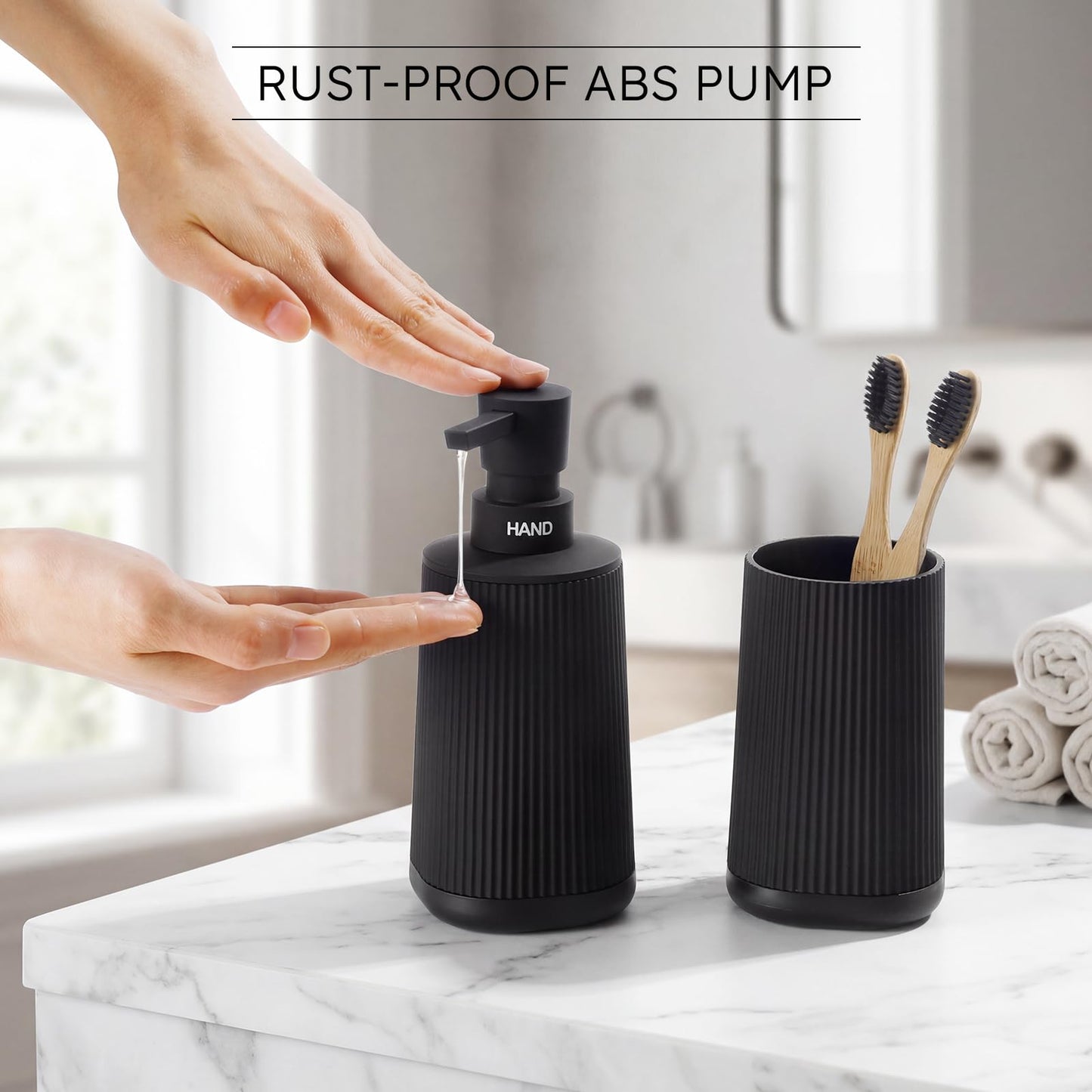 Black Bathroom Soap Dispenser and Toothbrush Holder Set with Non-Slip Base