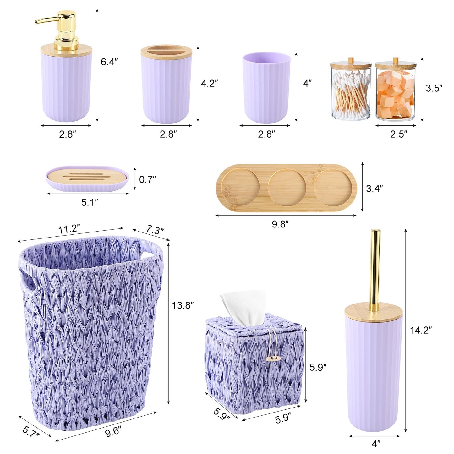 Bathroom Accessory Set, 10 Pieces Bath Set Purple 4 Gallon Wicker Trash Can