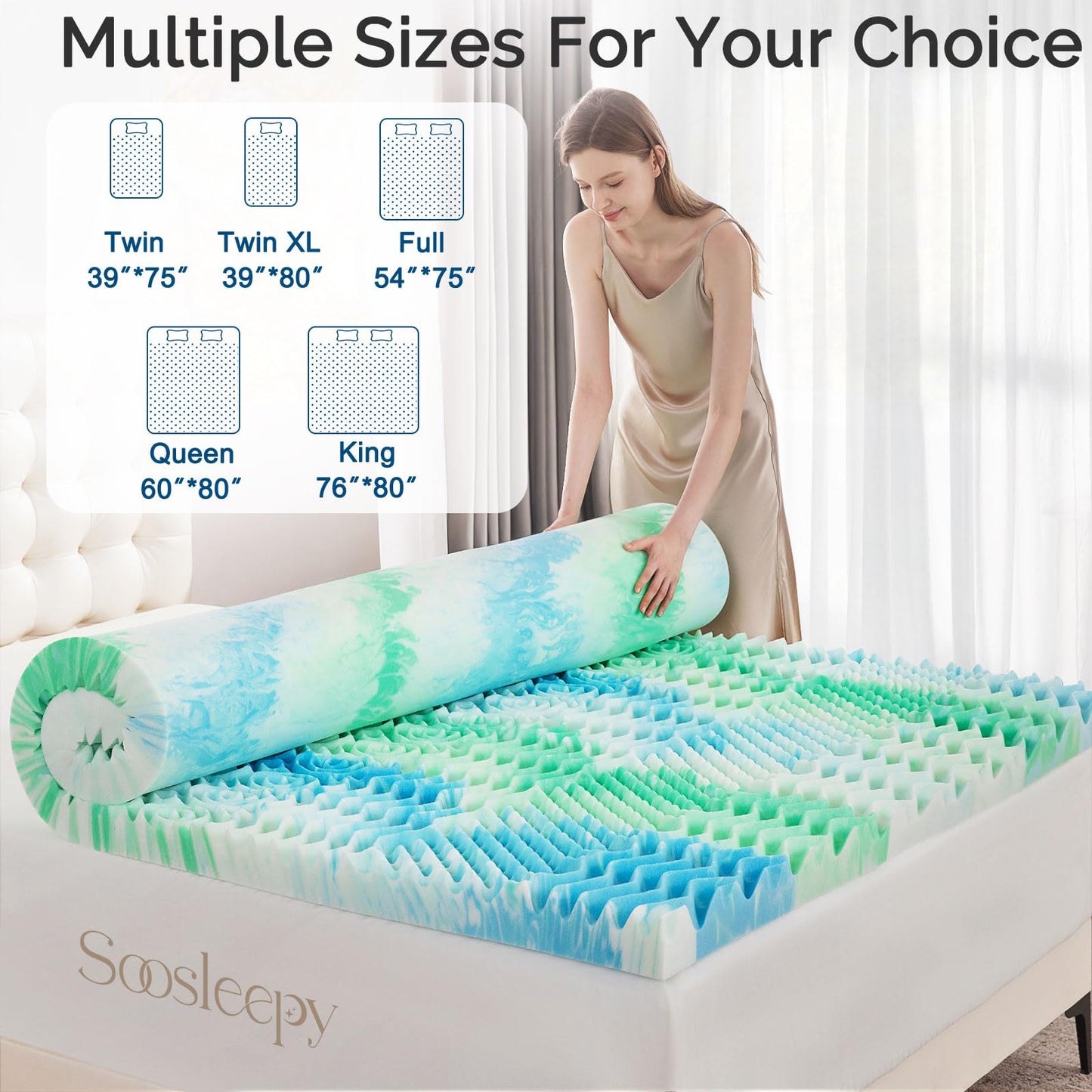 SOOSLEEPY 3 Inch 7-Zone Full Memory Foam Mattress Topper Egg Crate Cooling Gel Infused Mattress Pad Bed Topper for Pressure Relief and Back Pain Soft & Breathable, CertiPUR-US Certified