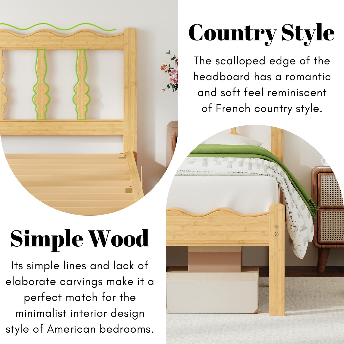 Bednowitz Bamboo Twin XL Bed Frame with Headboard, 14 inch Solid Wood Platform Bed Frames Twin XL Size with Metal Slats, No Box Spring Needed, Easy Assembly, Noise Free