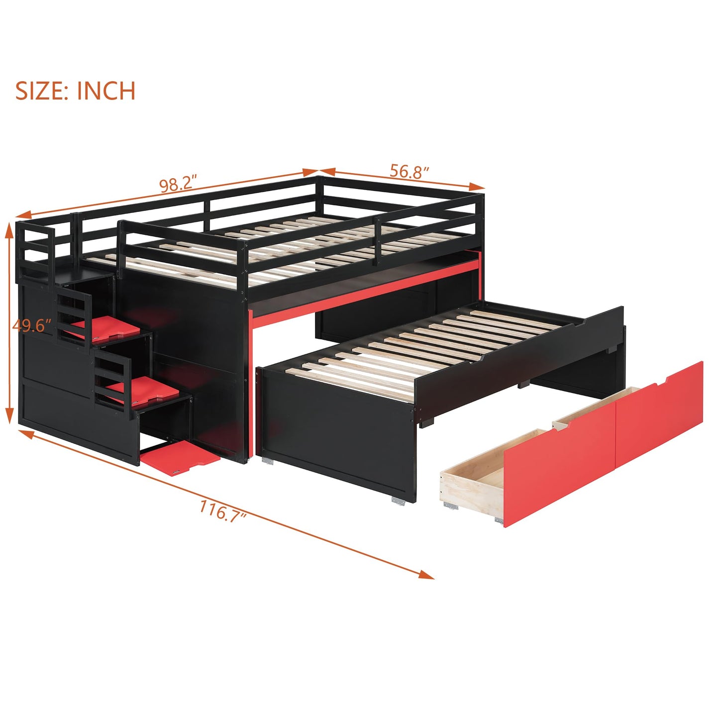Virubi Full XL Loft Bed with Pull-Out Desk and Twin Trundle, Multi-Functional Bunk Bed with Storage Steps & 2 Drawers, Space-Saving Gaming & Workstation Bedframe (Black+Red, Full XL)