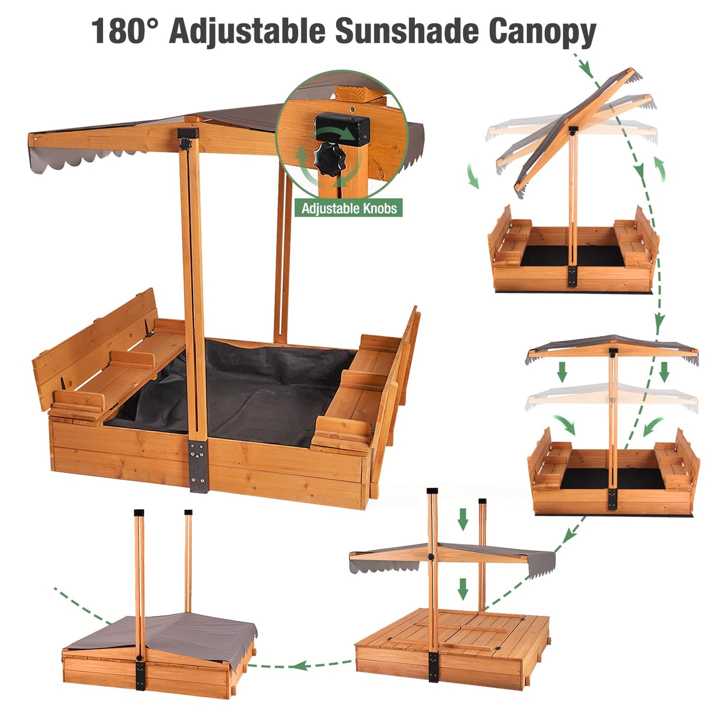 Gutinneen 47" Wooden Sandbox for Kids, Outdoor Sandbox with Adjustable Canopy & Retractable Cover, 2 Foldable Bench Seats with Backrest, UV-Resistant, Solid Wood with Sand Liner for Backyard