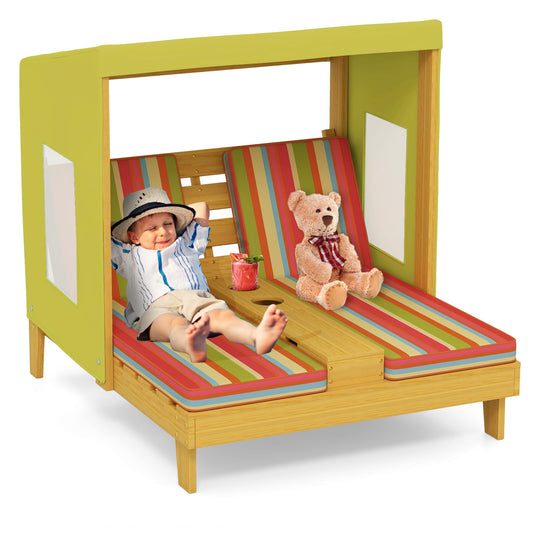 Costzon Kids Lounge Chair Outdoor, Wood Double Seat Chaise Lounge with Canopy, Cup Holders, Cushion, Backrest Recliner, Kids Patio Furniture, Gift for Boys Girls 3-8 Years Old