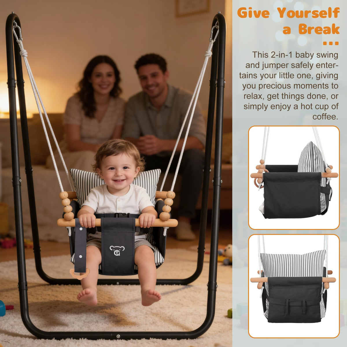 2-in-1 Baby Bouncer Jumper & Toddler Swing, Outdoor/Indoor Baby Swing with 5-Point Safety Harness, Space-Saving Design, Stable and Secure Jumper for Baby