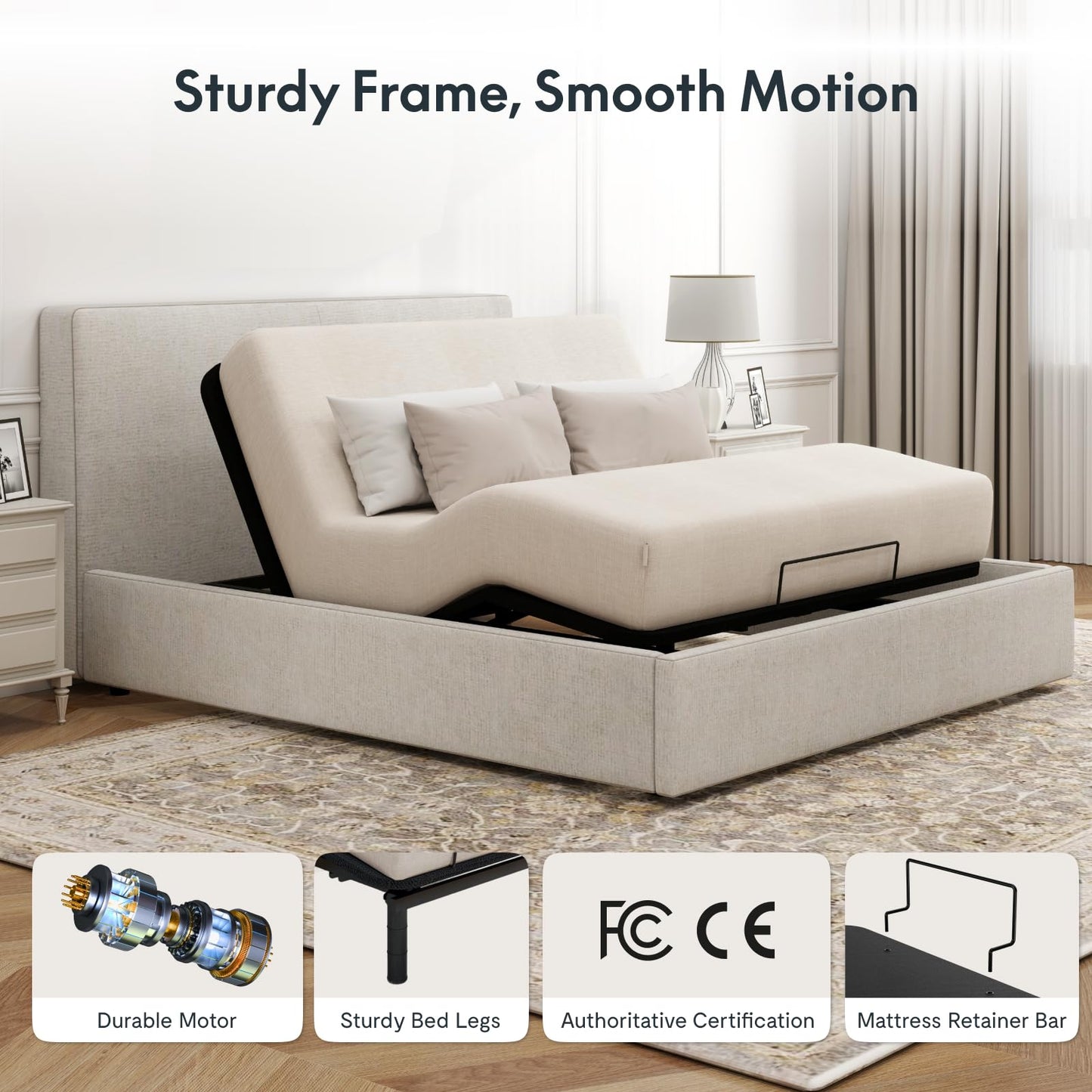 FLEXISPOT Adjustable Bed Frame Base Queen Size,Segmented Design,Easy Assemble,Oxford Fabric Bedspread,Wired Remote,Whisper Quiet Durable Motor,Mattress Holder, No Box Spring.