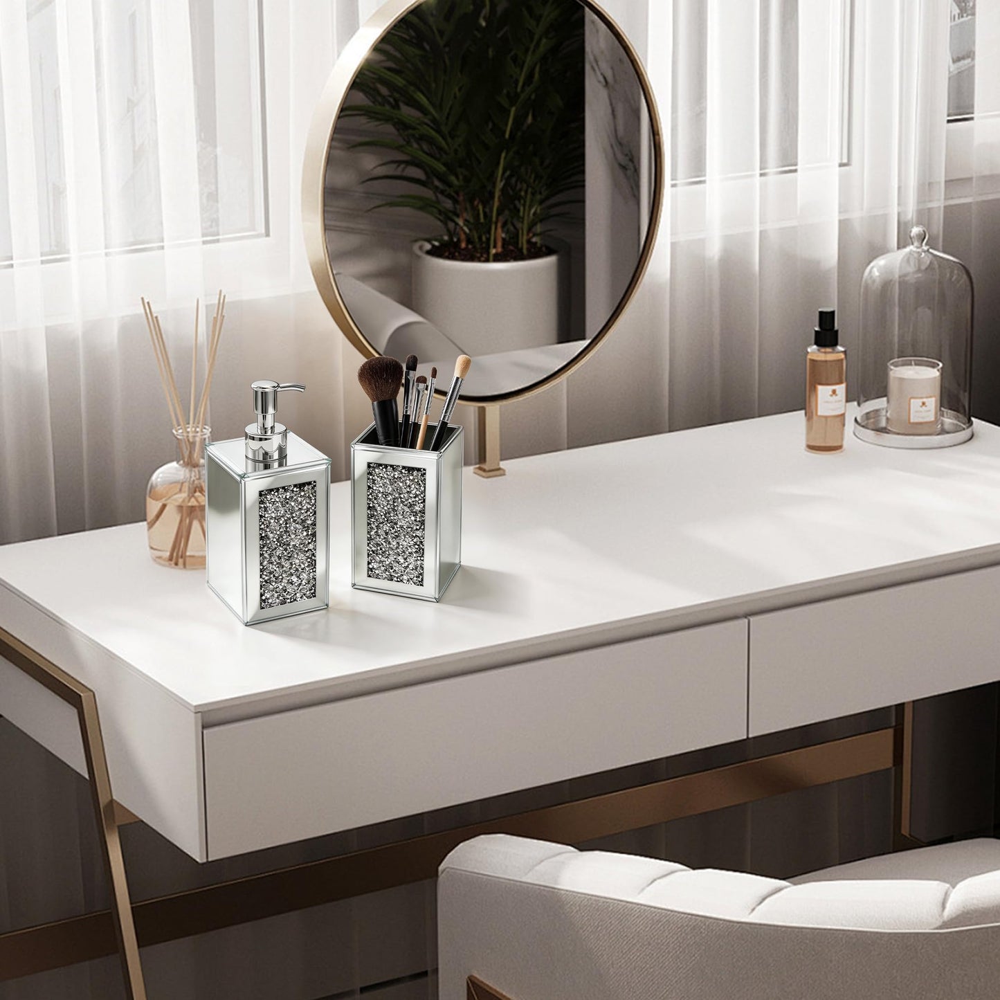 2Pcs Silver Bathroom Set, Mirror Finish & Diamond Accent Soap Holder,Modern