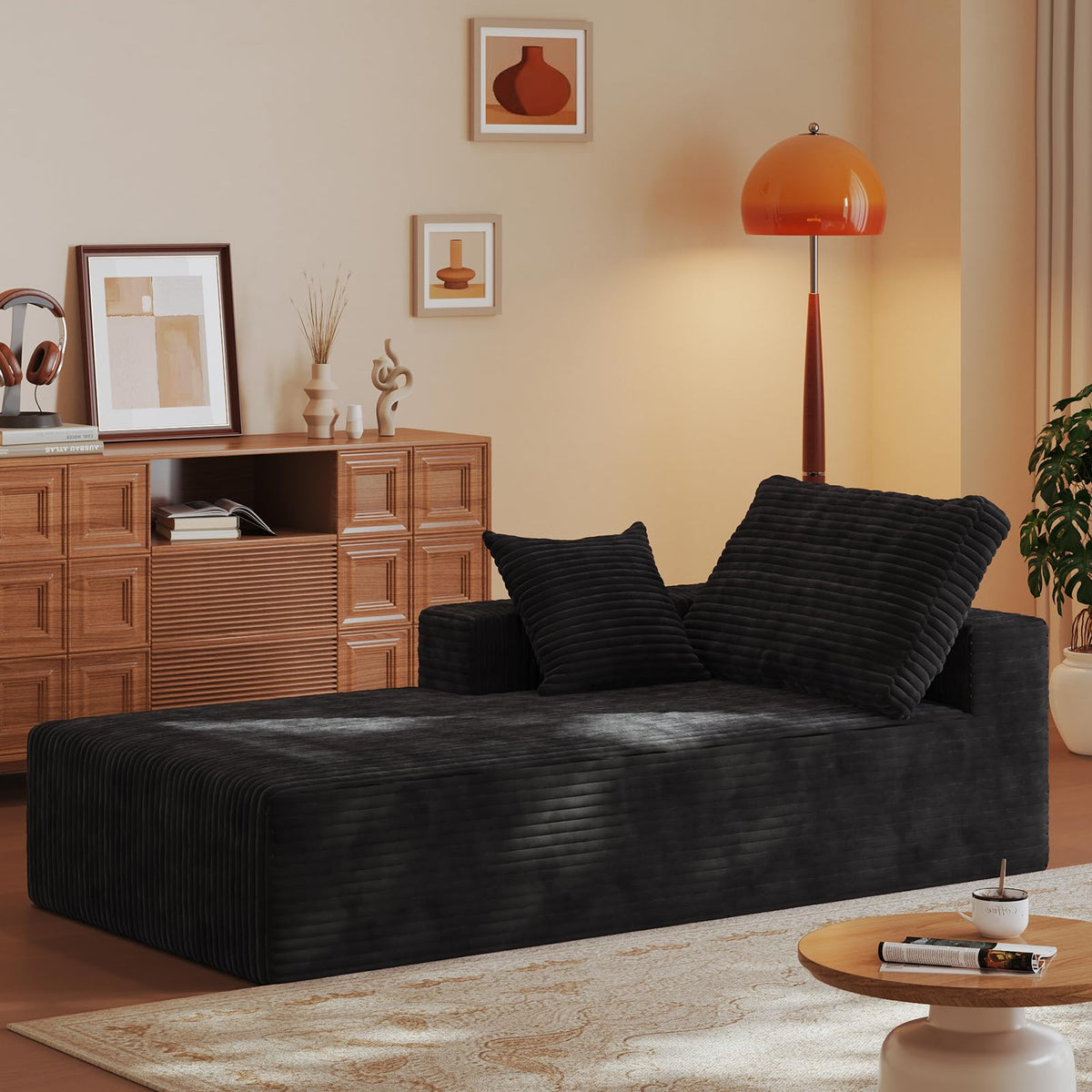 35" Sofa Bed, Boneless Cloud Couch, Rectangular Couch for Living Room, One-Piece Chaise Lounge with Pillows, Flannel Comfy Floor Sofa (Black, Vertical Left Armrest Facing Chaise)