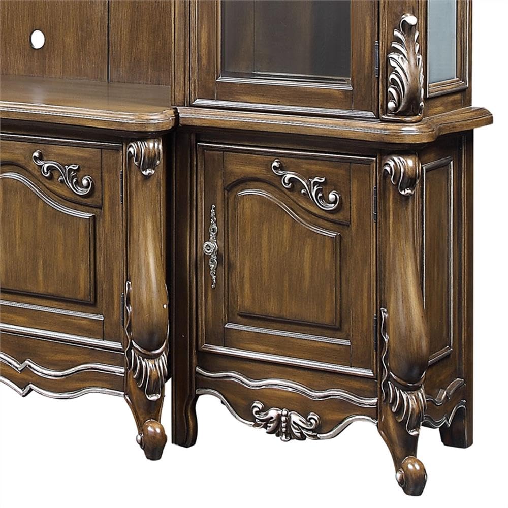 BOWERY HILL Transitional Wooden Entertainment Center, Antique Oak Finish, 121 in W x 23 in D x 96 in H, Poplar Wood MDF Veneer Resin Tempered Glass, Touch Light, Cord Management, Spacious Living Room