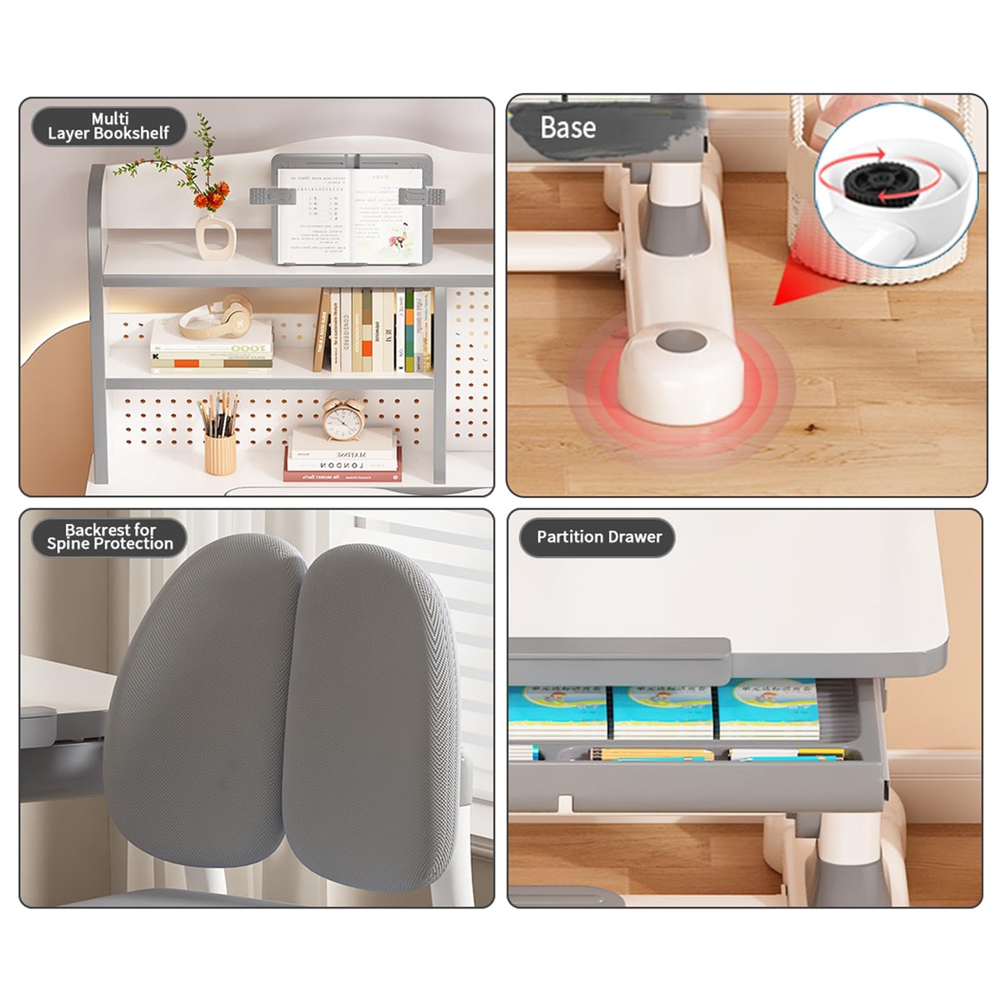 OYOWINGO Kids Functional Desk and Chair Set - Ergonomic Height Adjustable Art Desk for Bedroom with Tiltable Desktop, Book Stand, Reading Rack & Storage Drawer for Children Boys & Girls (Grey)