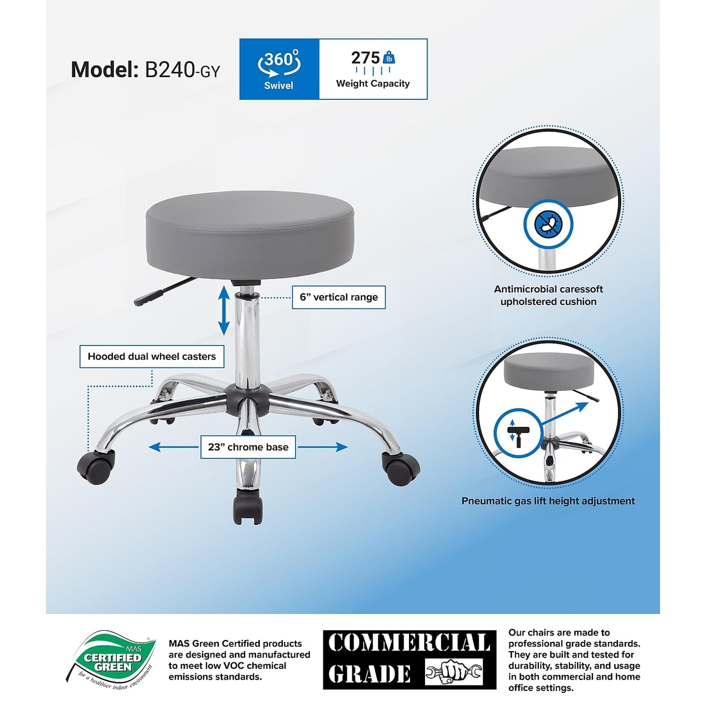 Boss Office Products Adjustable Upholstered Medical Stool in Grey (B240-GY)