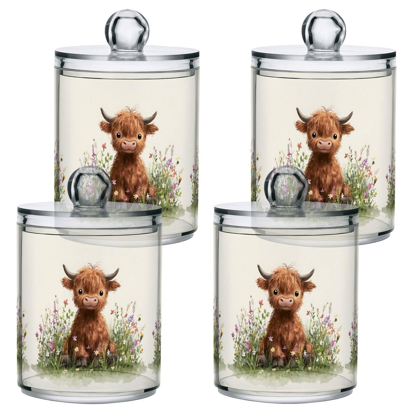 Xmycdz 2 Pack Pattern Oil Painting Cute Cow Apothecary Jars with Lid, 11 Oz Clear Plastic Apothecary Jar Set Qtip Holder Storage Containers for Cotton Ball Swabs Bathroom Vanity