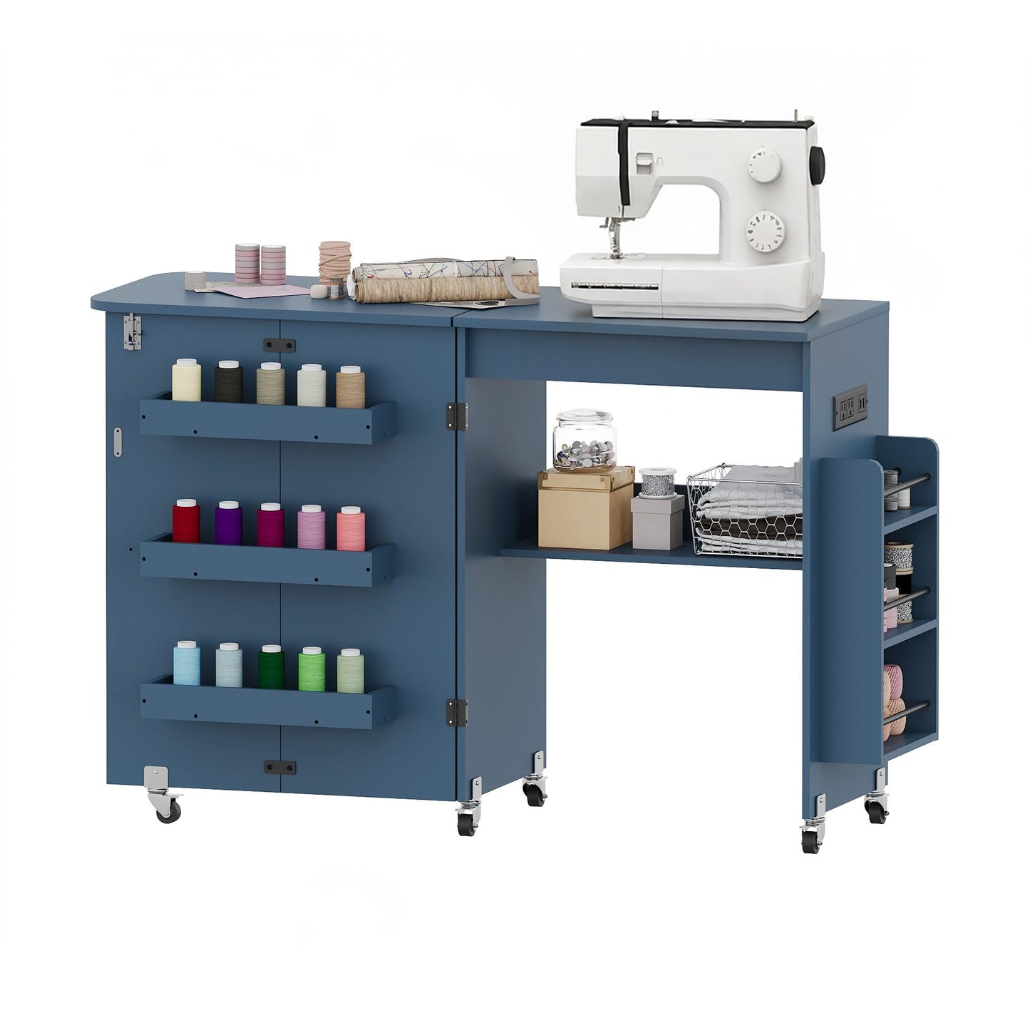 DUDUSHIMAN Sewing Table with Storage, Folding Sewing Table with Charging Station/Shelves,Lockable Casters, Sewing Machine Desk for Home Apartment, Studio (Navy Blue)