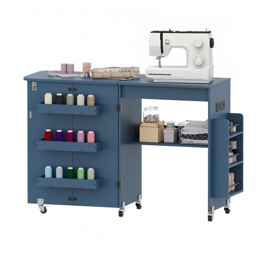 DUDUSHIMAN Sewing Table with Storage, Folding Sewing Table with Charging Station/Shelves,Lockable Casters, Sewing Machine Desk for Home Apartment, Studio (Navy Blue)