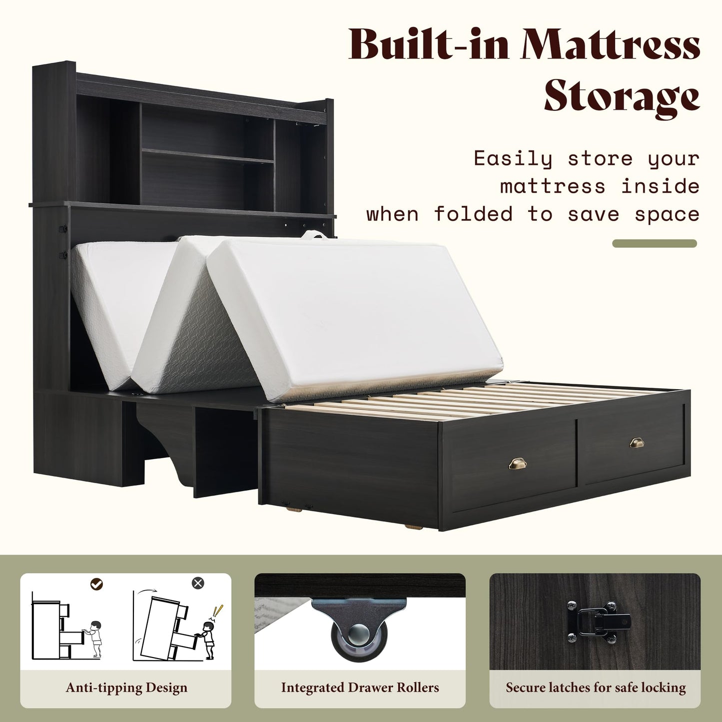 AMERLIFE Full Murphy Bed with Bookcase Headboard & LED Light, Farmhouse Cabinet Bed with Storage Drawer, Charging Station and Desk for Home Office/Guest Room/Small Spaces, Black